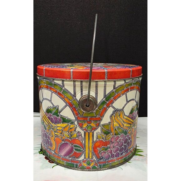 Vintage Tin Container with Fruit and Vegetable Stained Glass Pattern Fall Decor - Picture 3 of 11